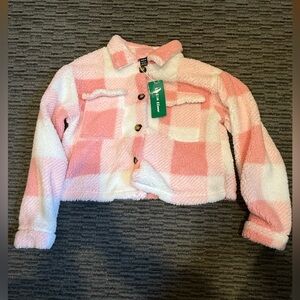 NWT SHEIN Pink and White Plush Coat Cropped